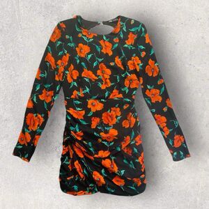 ZARA Woman Open Back Orange Poppy Floral Mini Dress Sz M Shoulder Pads Clasp